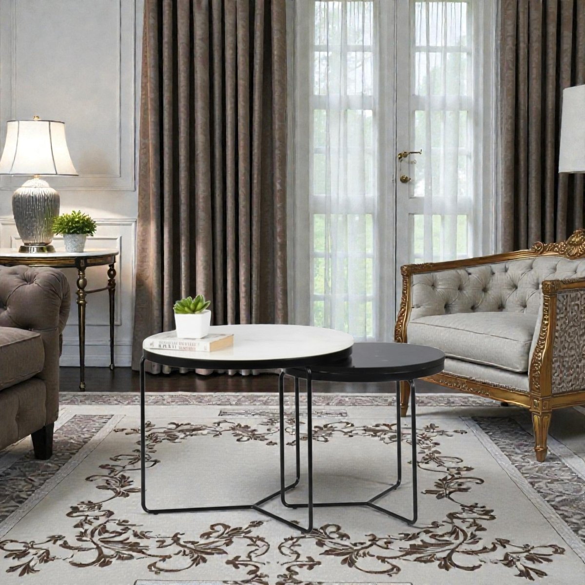 Octagon Marble Top Nesting Coffee Tables with Black Metal Frame