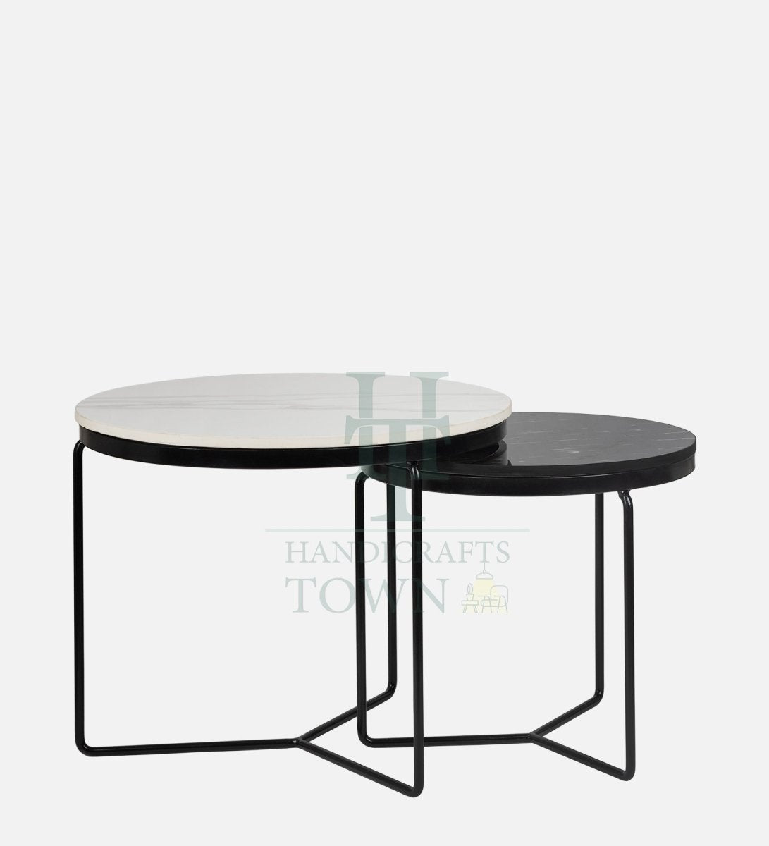 Octagon Marble Top Nesting Coffee Tables with Black Metal Frame