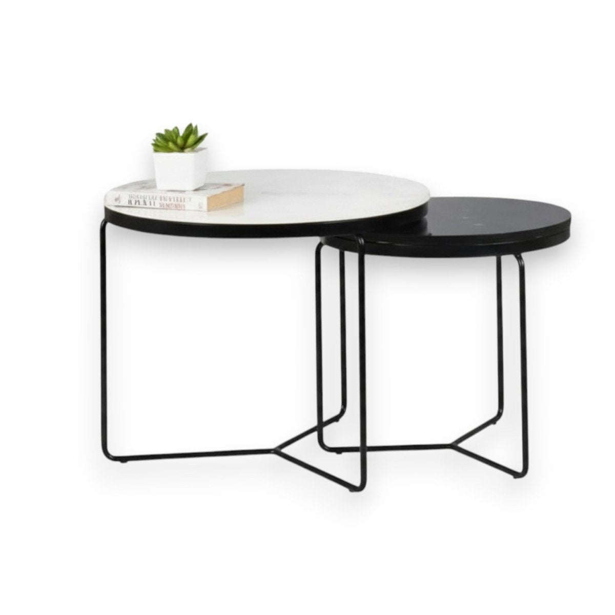 Octagon Marble Top Nesting Coffee Tables with Black Metal Frame