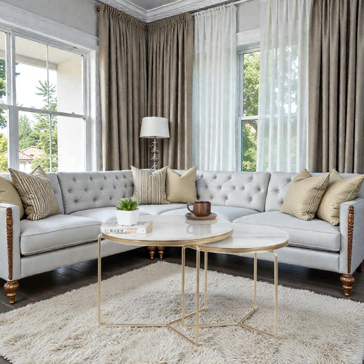 Octagon Marble Top Nesting Coffee Tables with Black Metal Frame