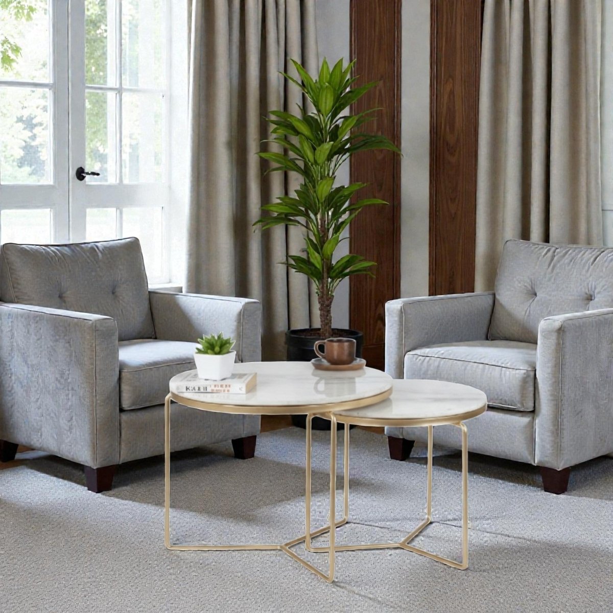 Octagon Marble Top Nesting Coffee Tables with Black Metal Frame