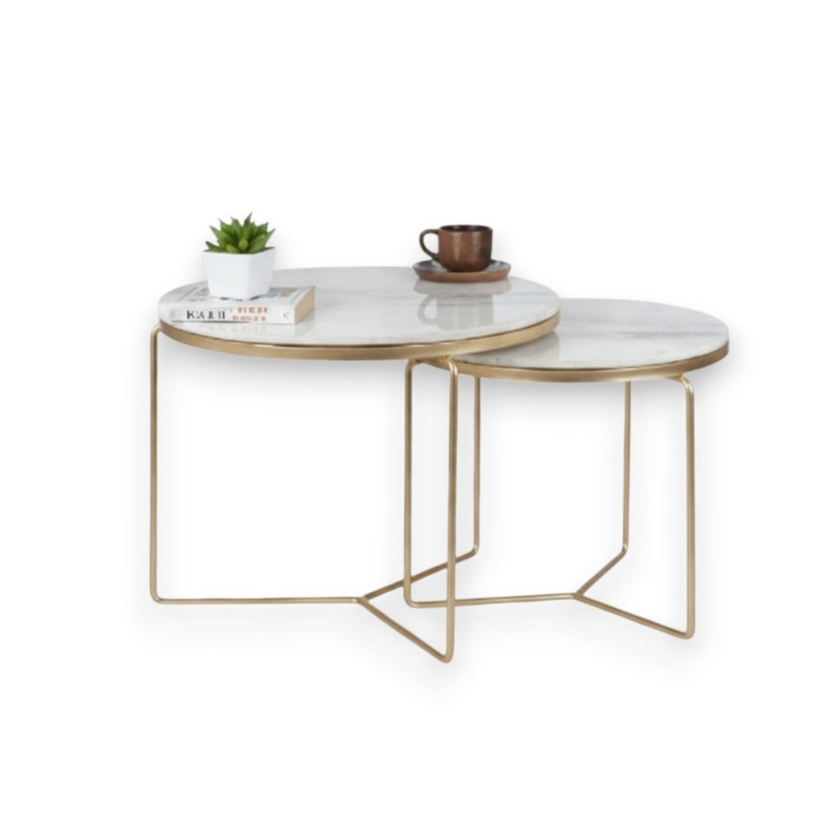 Octagon Marble Top Nesting Coffee Tables with Black Metal Frame