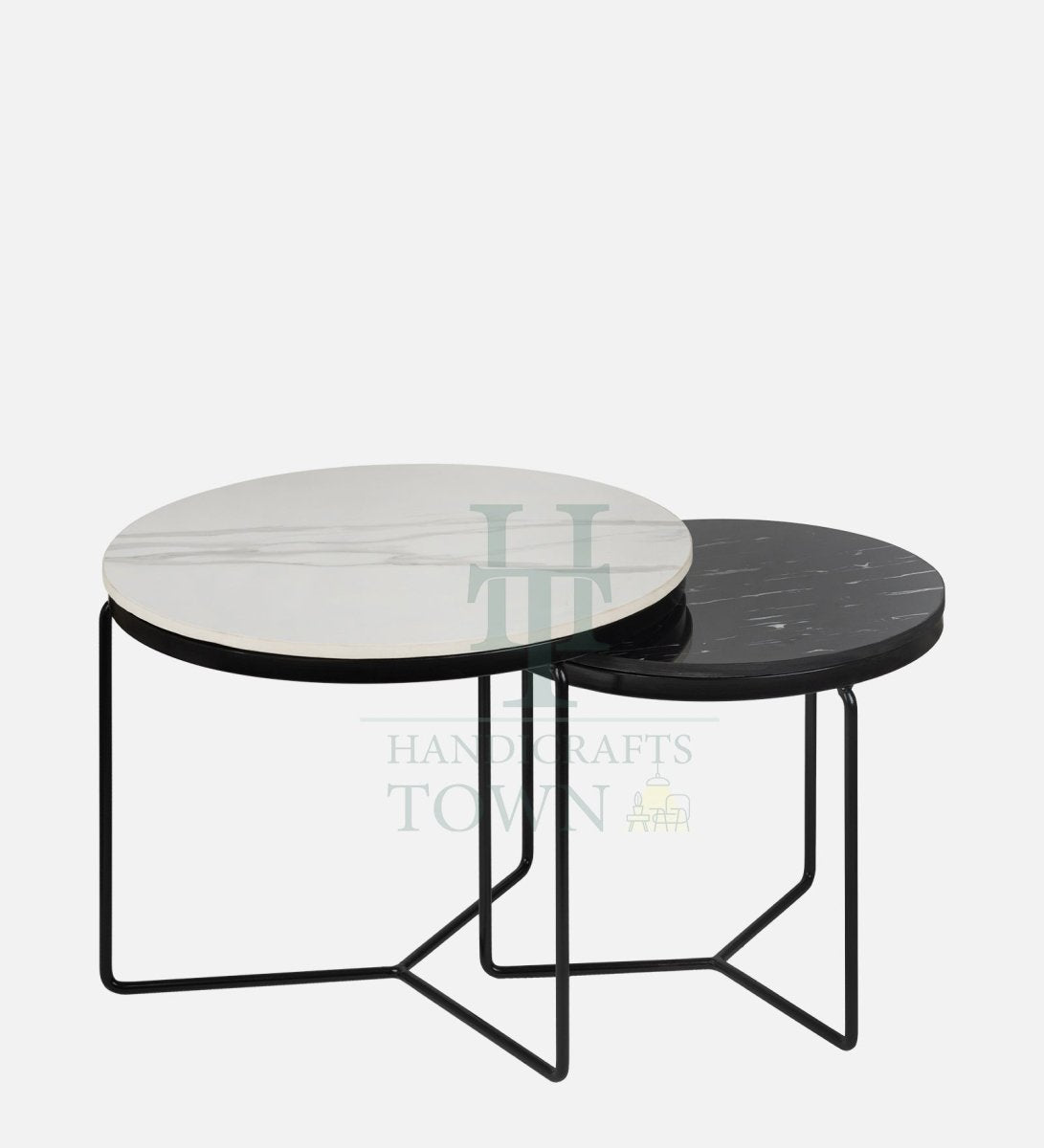 Octagon Marble Top Nesting Coffee Tables with Black Metal Frame