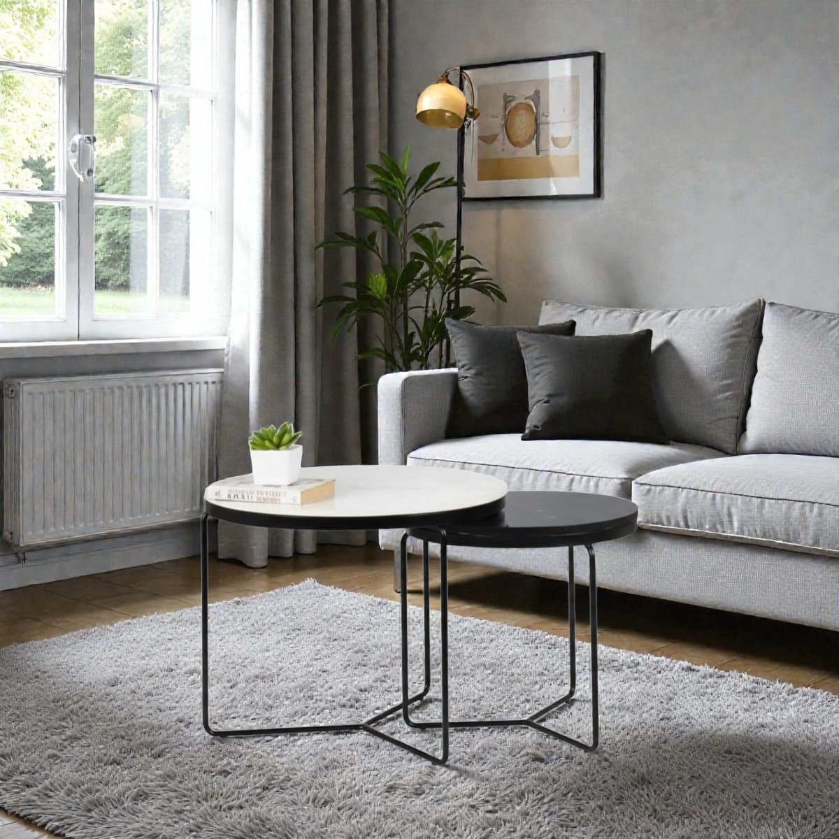 Octagon Marble Top Nesting Coffee Tables with Black Metal Frame