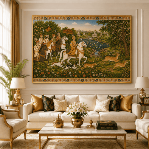 Pichwai:Kshatriya’s Quest:Shikar of the Mewar Meadows (36 x 24 Inches)