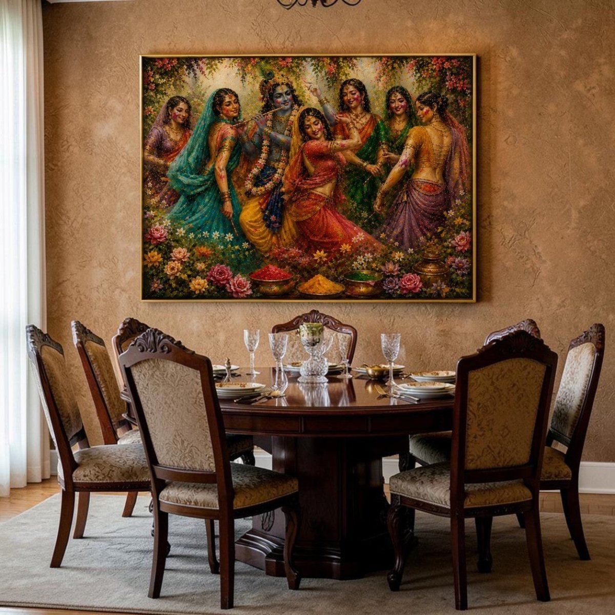 Radha Krishna Gulal Utsav: Traditional Indian Art Canvas (48 x 36 Inches)