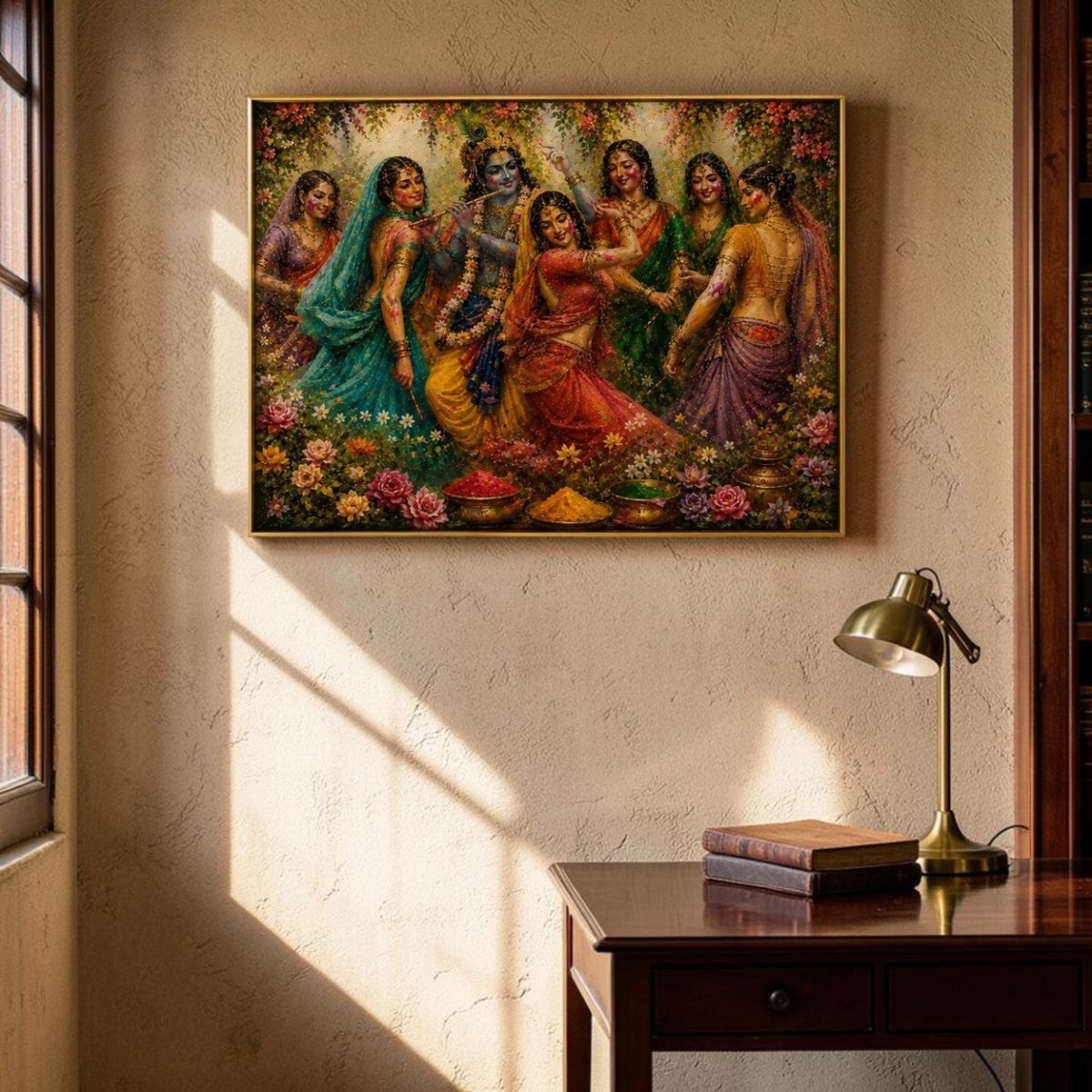 Radha Krishna Gulal Utsav: Traditional Indian Art Canvas (48 x 36 Inches)