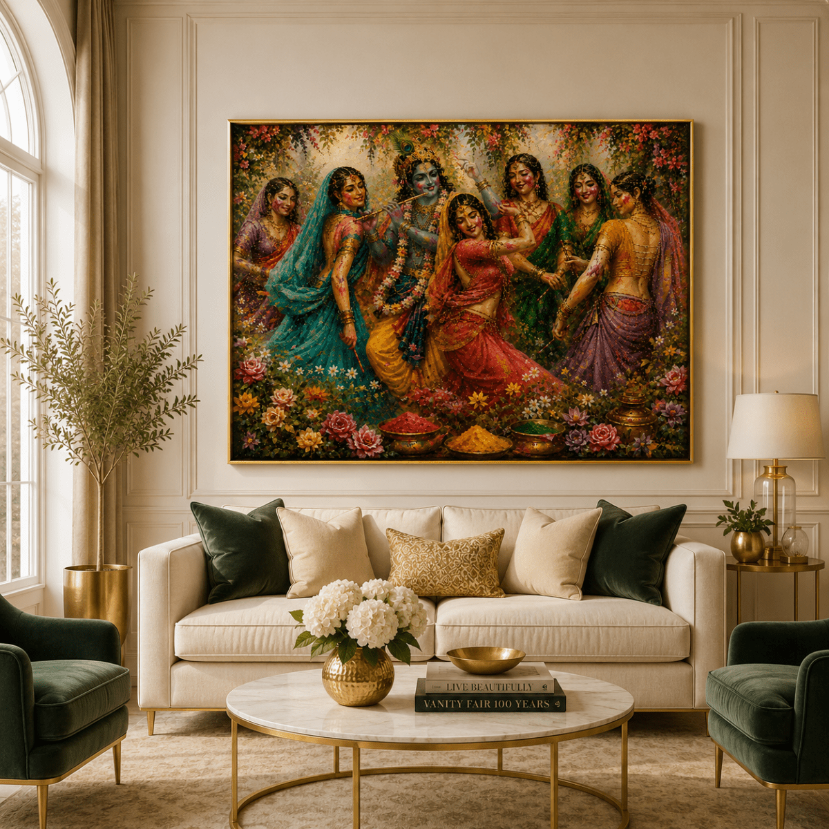 Radha Krishna Gulal Utsav: Traditional Indian Art Canvas (48 x 36 Inches)