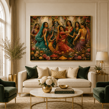 Radha Krishna Gulal Utsav: Traditional Indian Art Canvas (48 x 36 Inches)