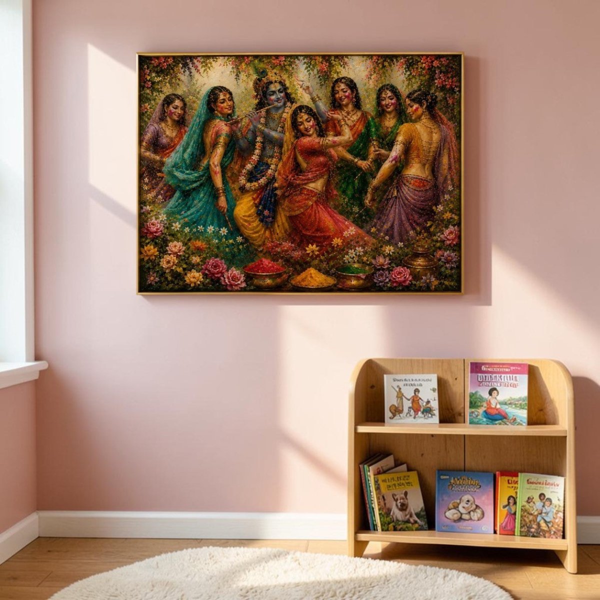 Radha Krishna Gulal Utsav: Traditional Indian Art Canvas (48 x 36 Inches)