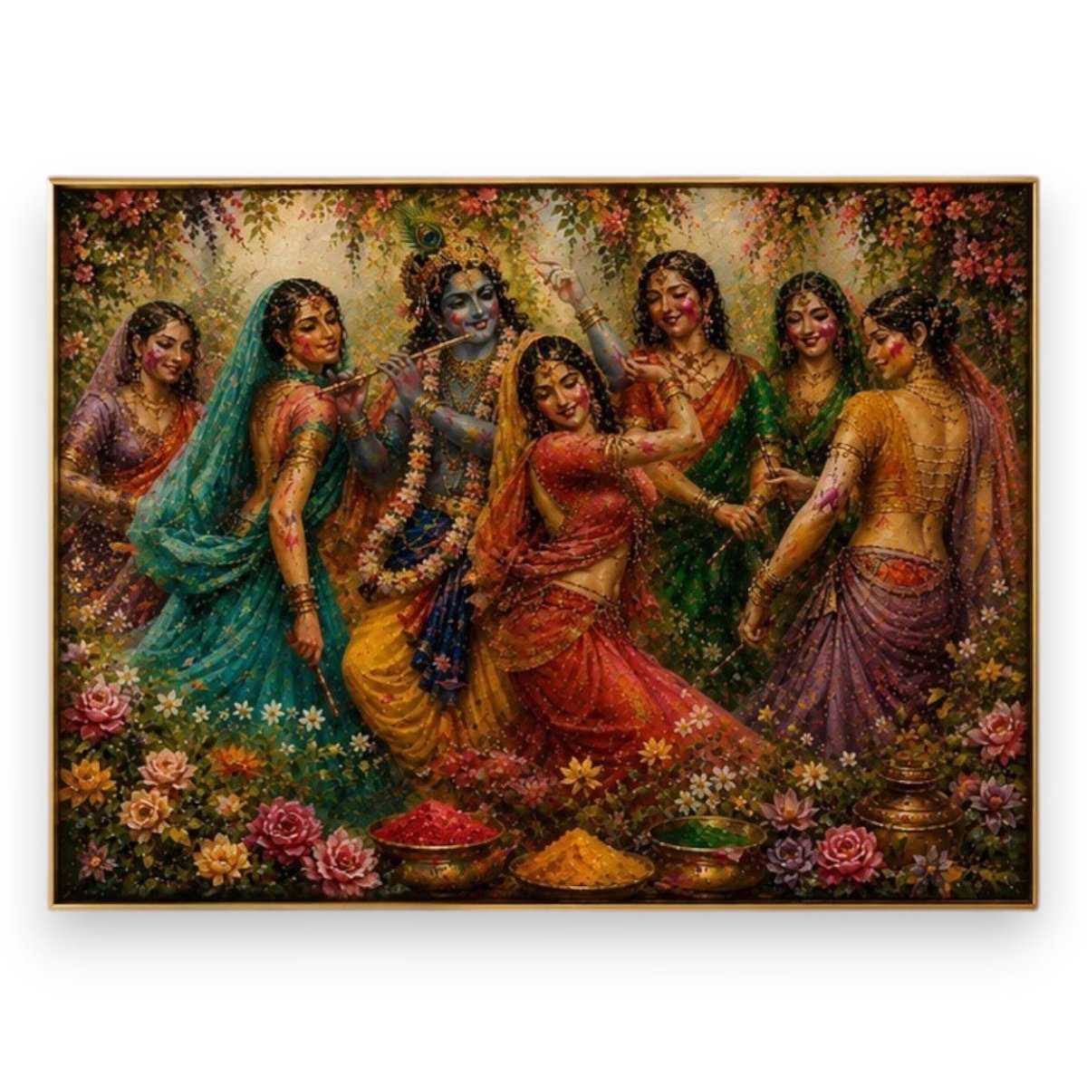 Radha Krishna Gulal Utsav: Traditional Indian Art Canvas (48 x 36 Inches)