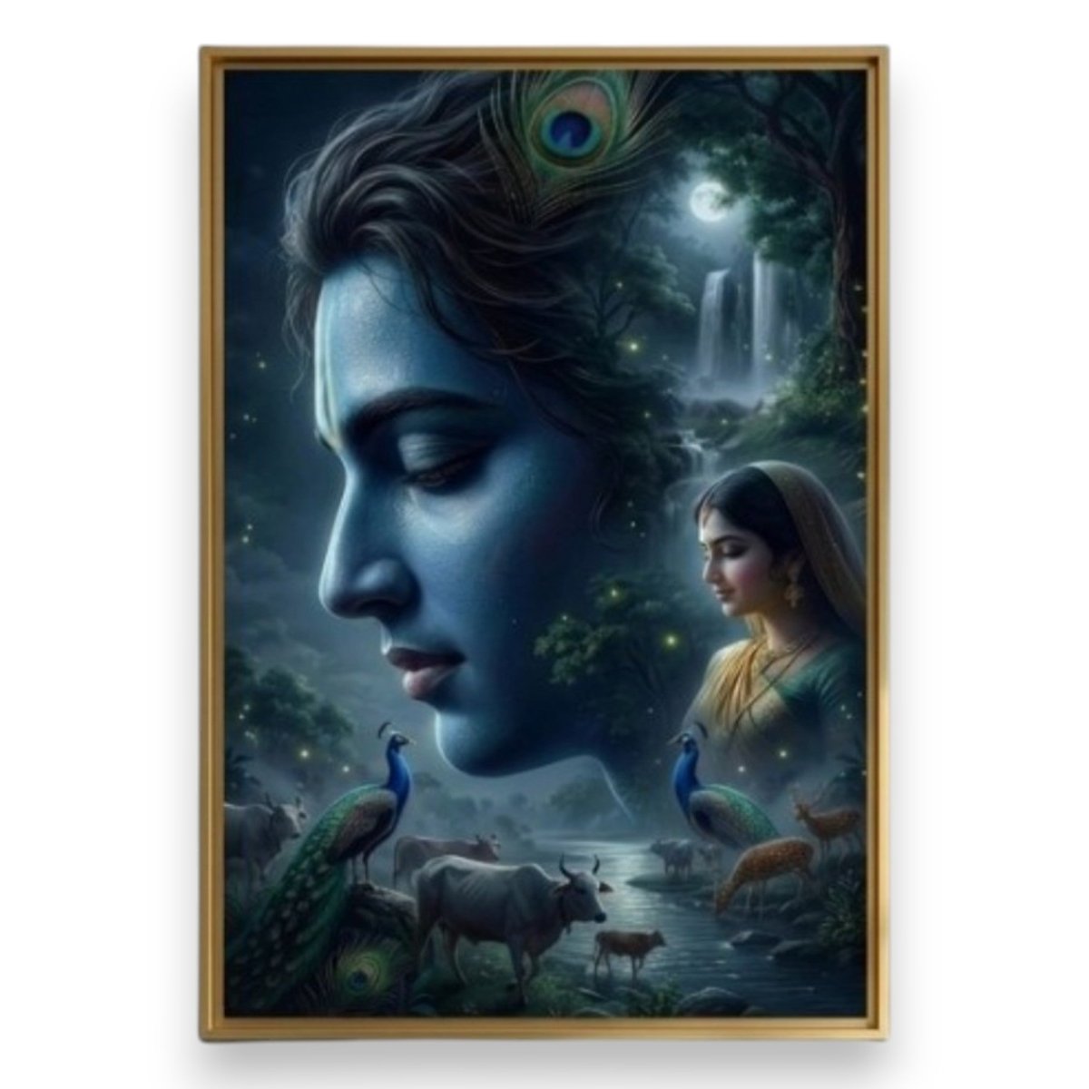 Radha - Krishna: Pavitra Vrindavan: Peacocks & Cows in Divine Harmony (24 x 36 Inches)