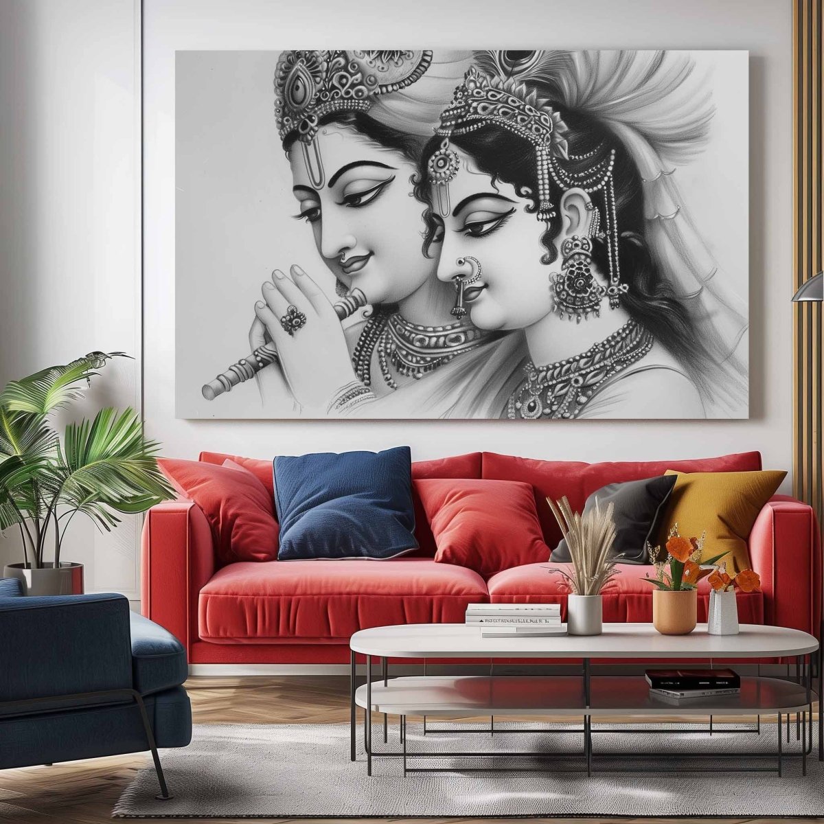 Radha Krishna Raas Leela: A Pencil Sketch Canvas Wall Painting (36 x 24 Inches)