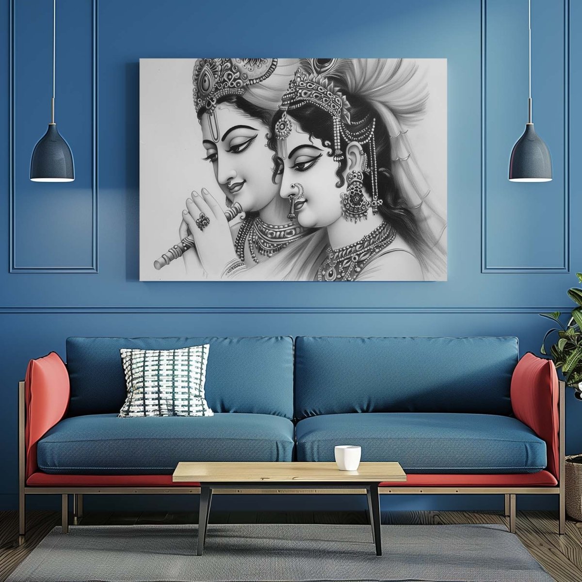Radha Krishna Raas Leela: A Pencil Sketch Canvas Wall Painting (36 x 24 Inches)