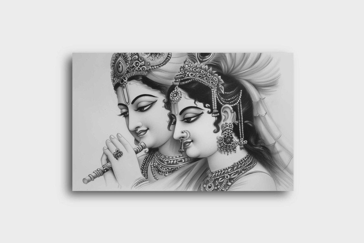 Radha Krishna Raas Leela: A Pencil Sketch Canvas Wall Painting (36 x 24 Inches)