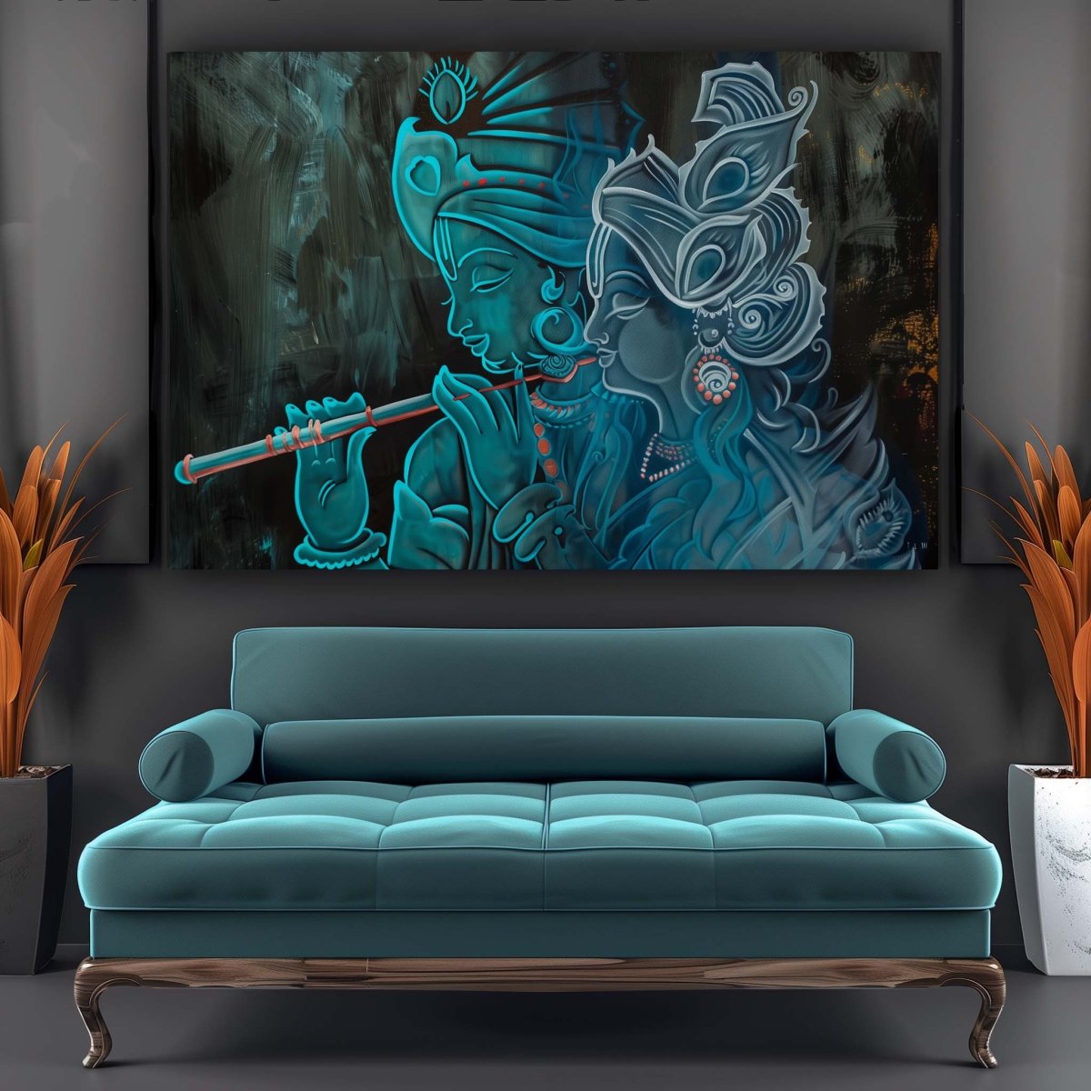 Radha Krishna: The Verdant Melody and the Elusive Muse Canvas Wall Painting (36 x 24 Inches)