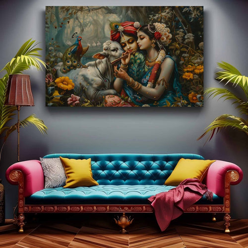 Radha-Krishna : Vṛindāvan's Symphony Canvas Wall Art (36 x 24 Inches)