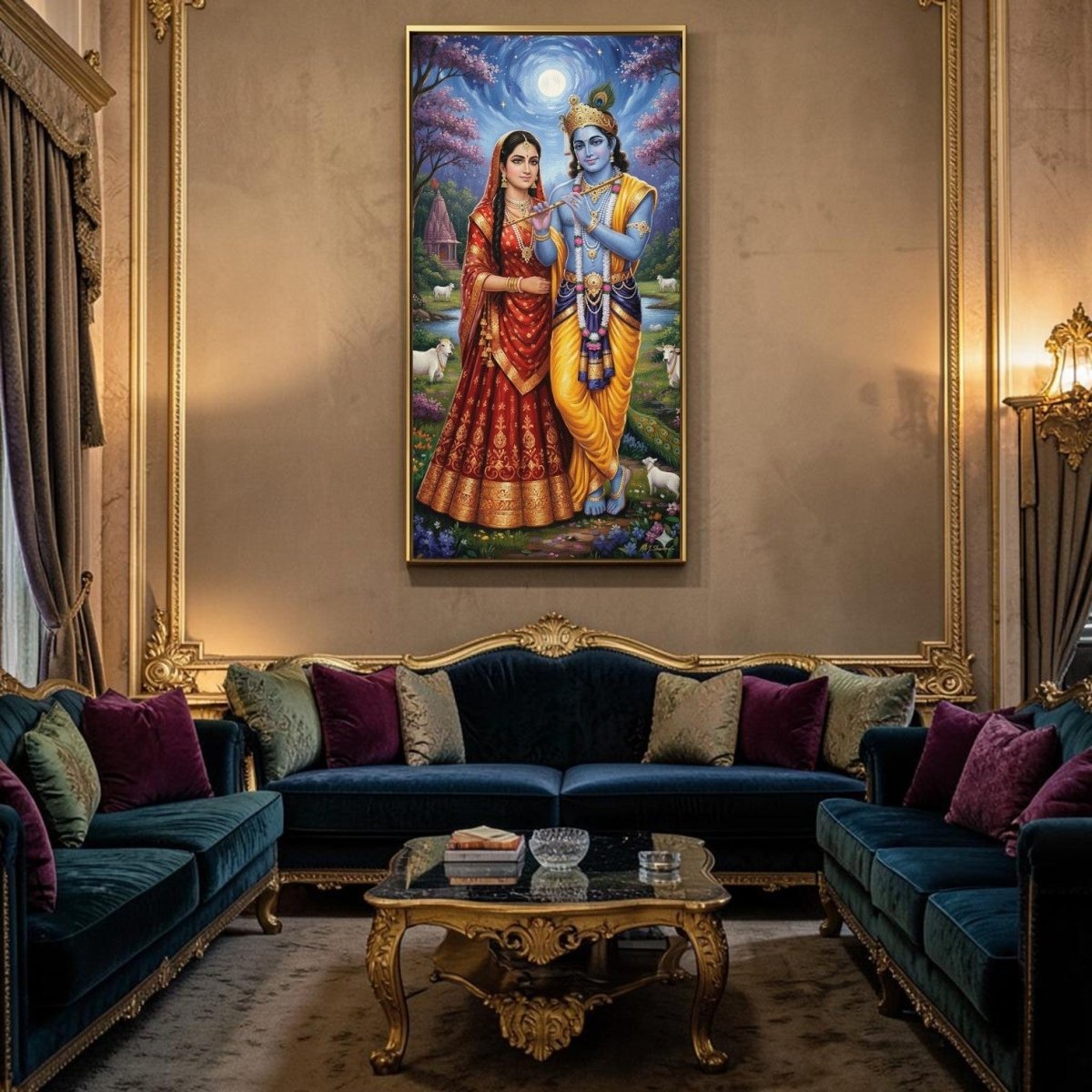 Radha - Krishna: Vrindavan Moonlight: The Divine Flute Player & His Beloved (24 x 46 Inches)
