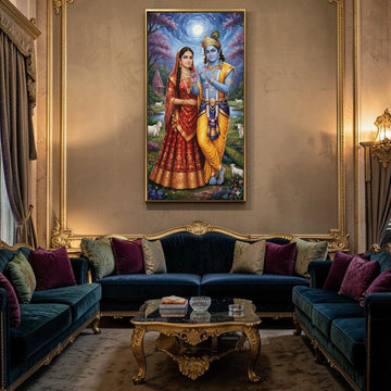 Radha - Krishna: Vrindavan Moonlight: The Divine Flute Player & His Beloved (24 x 46 Inches)