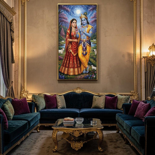 Radha - Krishna: Vrindavan Moonlight: The Divine Flute Player & His Beloved (24 x 46 Inches)