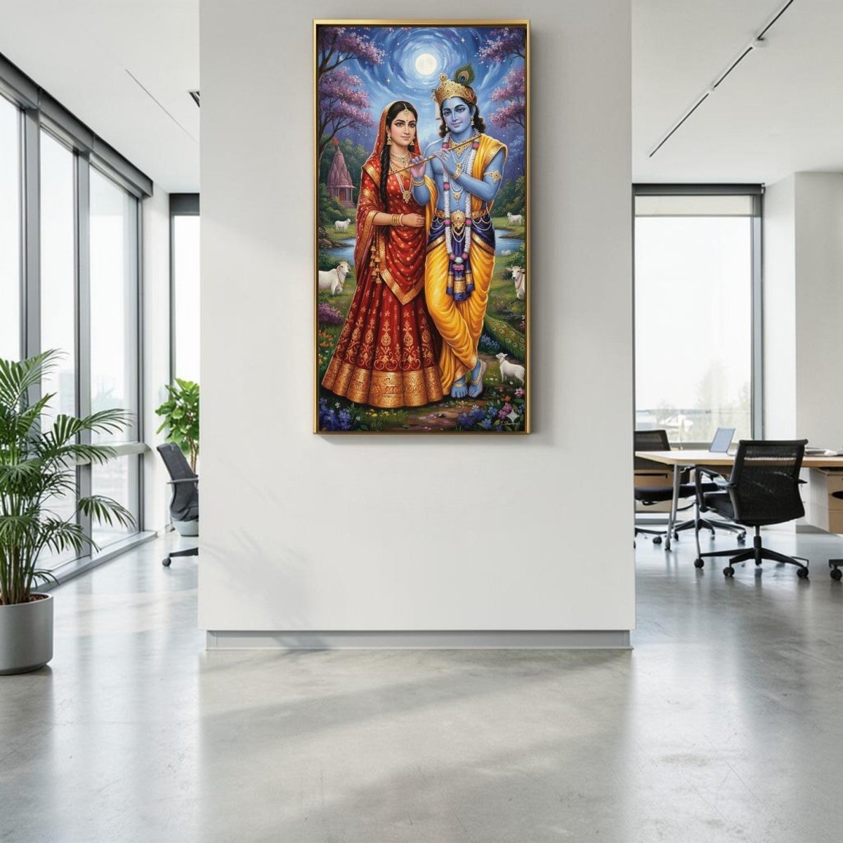 Radha - Krishna: Vrindavan Moonlight: The Divine Flute Player & His Beloved (24 x 46 Inches)