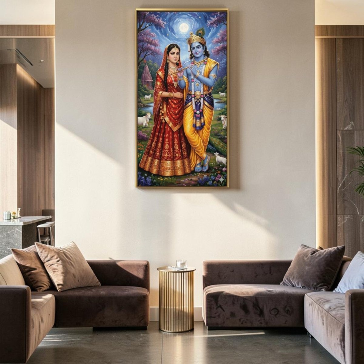 Radha - Krishna: Vrindavan Moonlight: The Divine Flute Player & His Beloved (24 x 46 Inches)