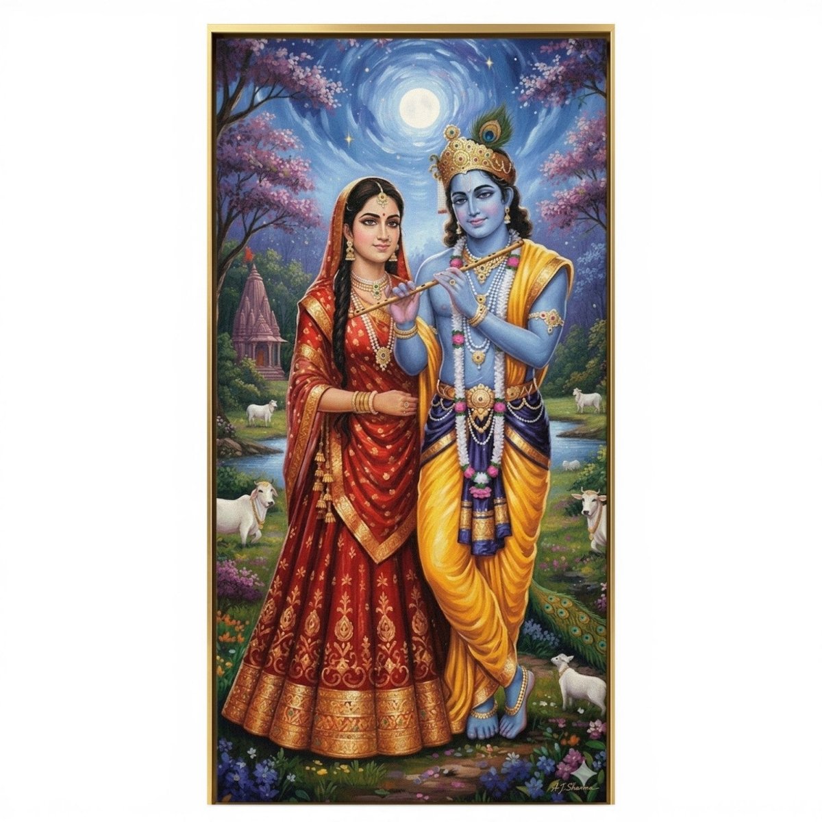 Radha - Krishna: Vrindavan Moonlight: The Divine Flute Player & His Beloved (24 x 46 Inches)