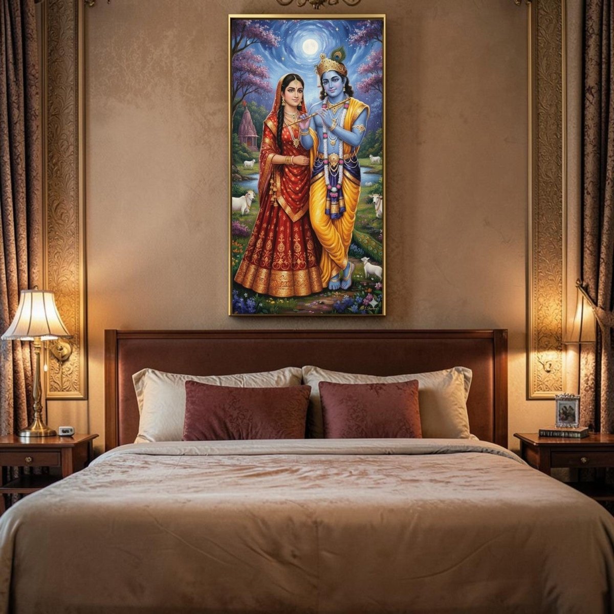 Radha - Krishna: Vrindavan Moonlight: The Divine Flute Player & His Beloved (24 x 46 Inches)