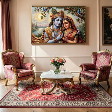 Radha - Krishna: Vrindavan Saanjh: Twilight by the Yamuna (36 x 24 Inches)