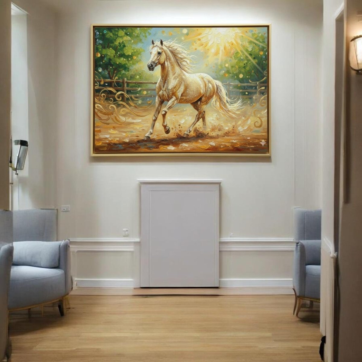 Radiant Motion: White Horse at Dawn (36 x 24 Inches)