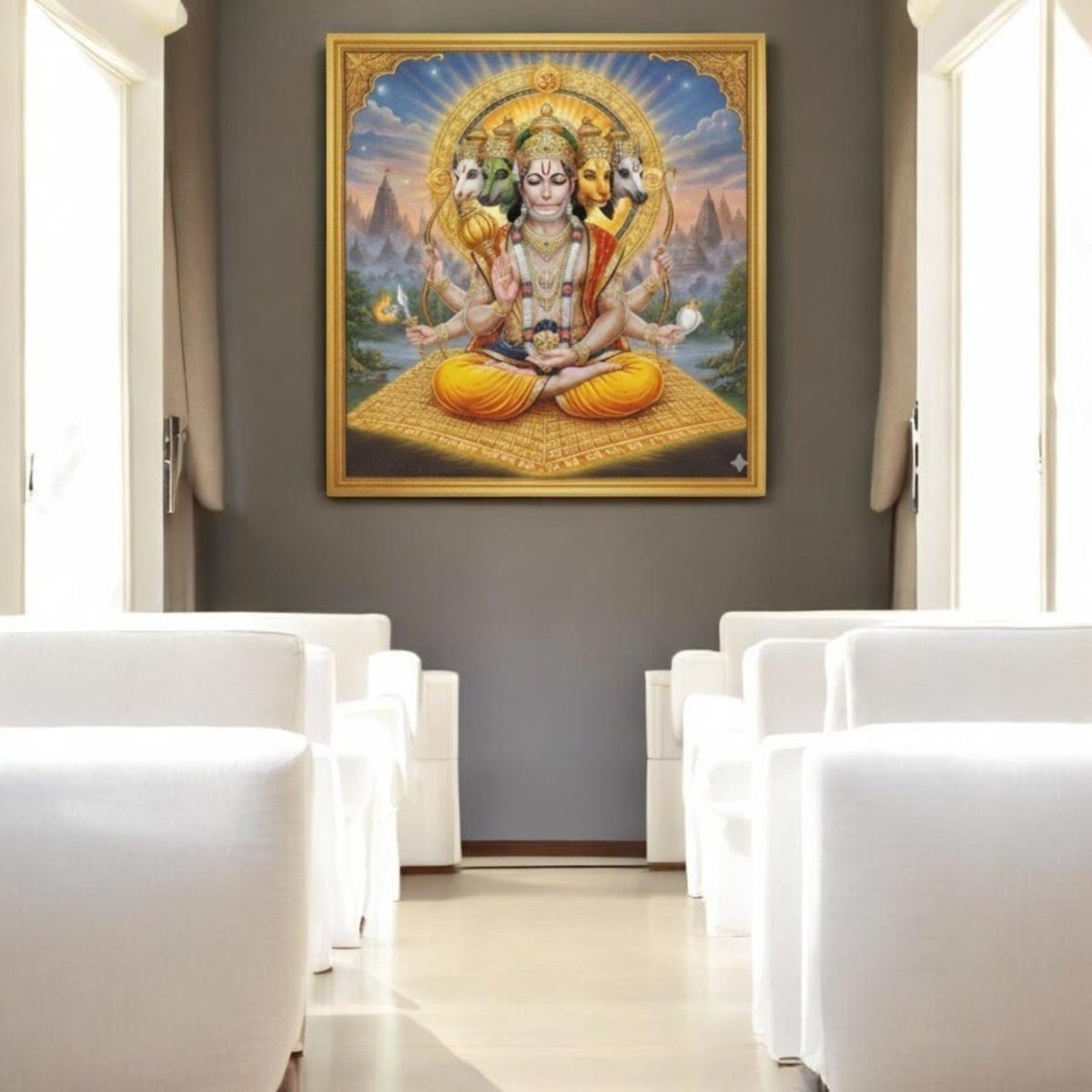 Ram - Nam Simhasana: Panchmukhi Yoga - Peeth Bhakt Hanuman (36 x 36 Inches)