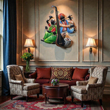 Rhythms of Maharashtra: Artistic Flute & Percussion Wall Sculpture (24 x 24 Inches)