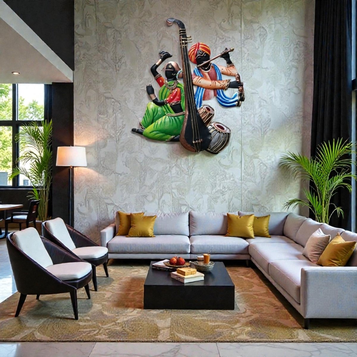 Rhythms of Maharashtra: Artistic Flute & Percussion Wall Sculpture (24 x 24 Inches)