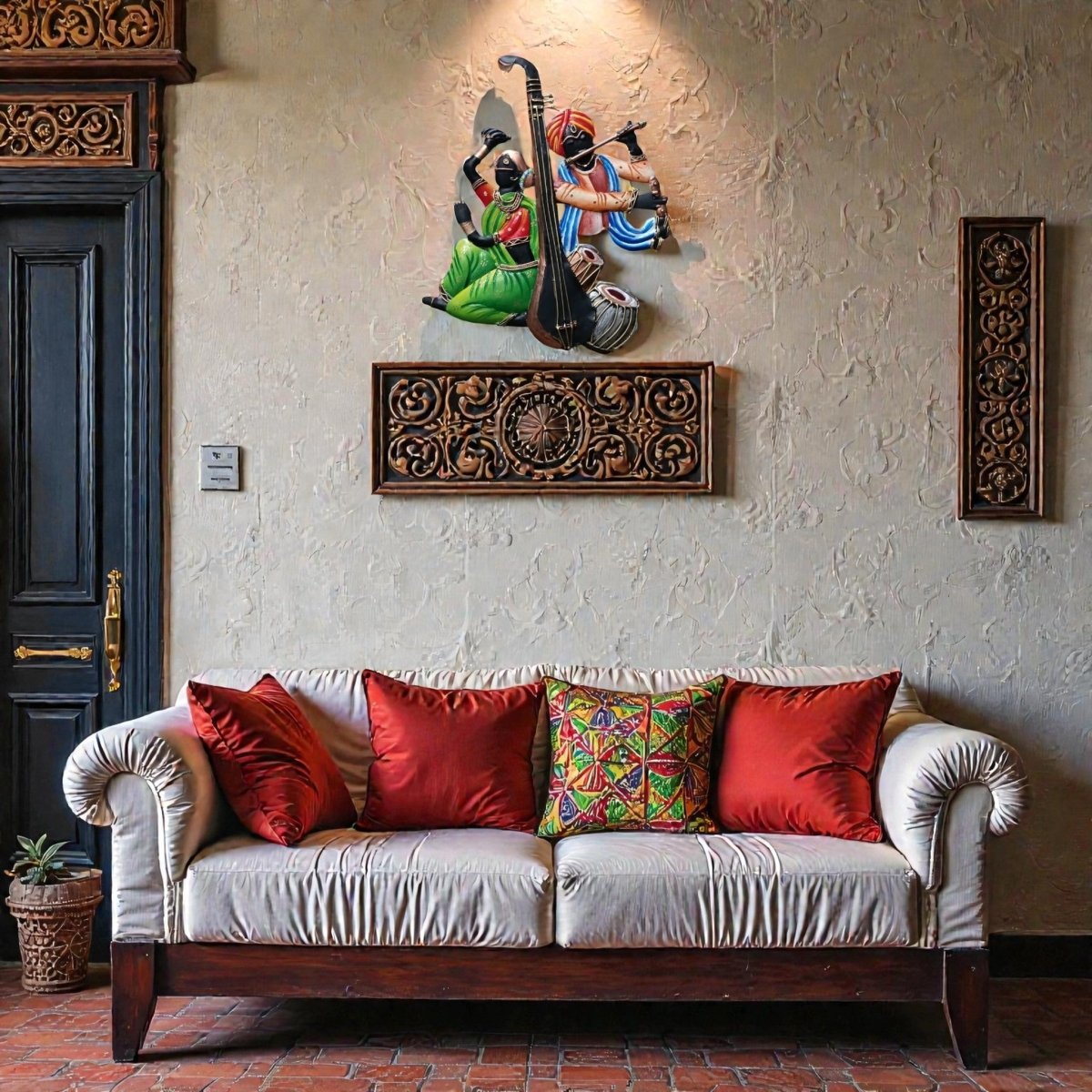 Rhythms of Maharashtra: Artistic Flute & Percussion Wall Sculpture (24 x 24 Inches)