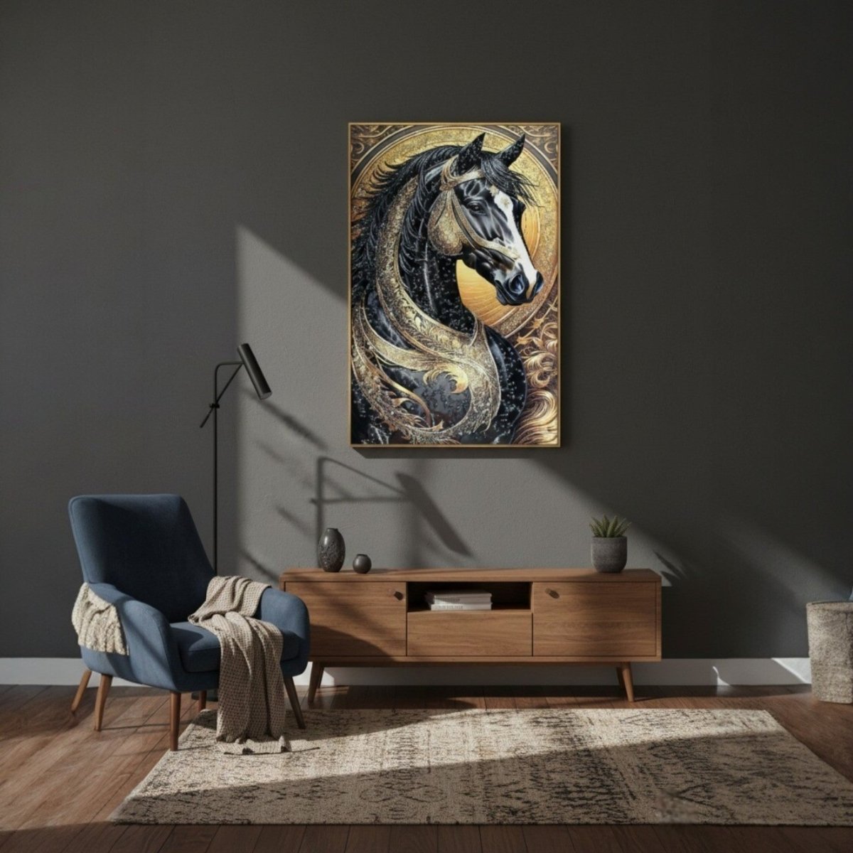 Royal Filigree Steed: Luxury Black & Gold Decor (24 x 36 Inches)