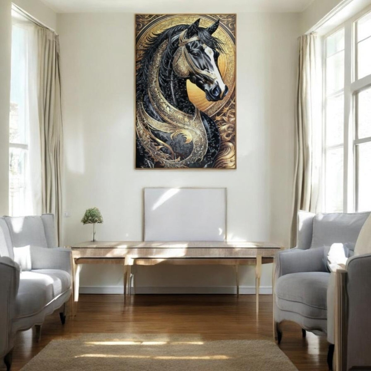 Royal Filigree Steed: Luxury Black & Gold Decor (24 x 36 Inches)