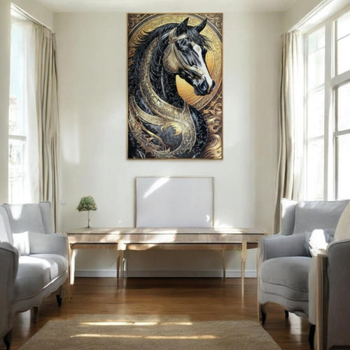 Royal Filigree Steed: Luxury Black & Gold Decor (24 x 36 Inches)