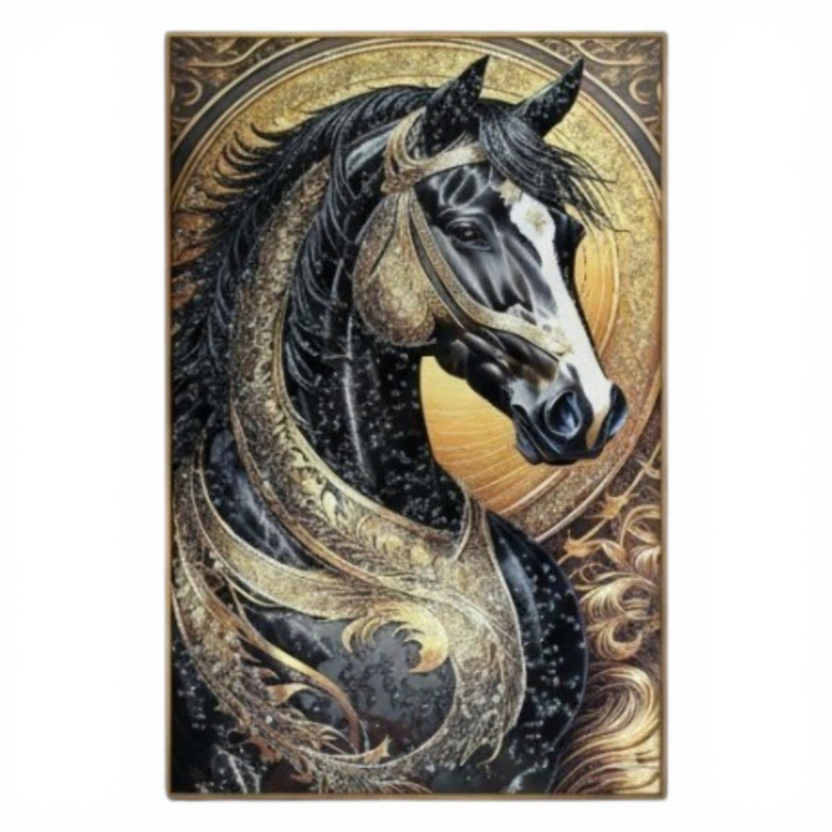 Royal Filigree Steed: Luxury Black & Gold Decor (24 x 36 Inches)