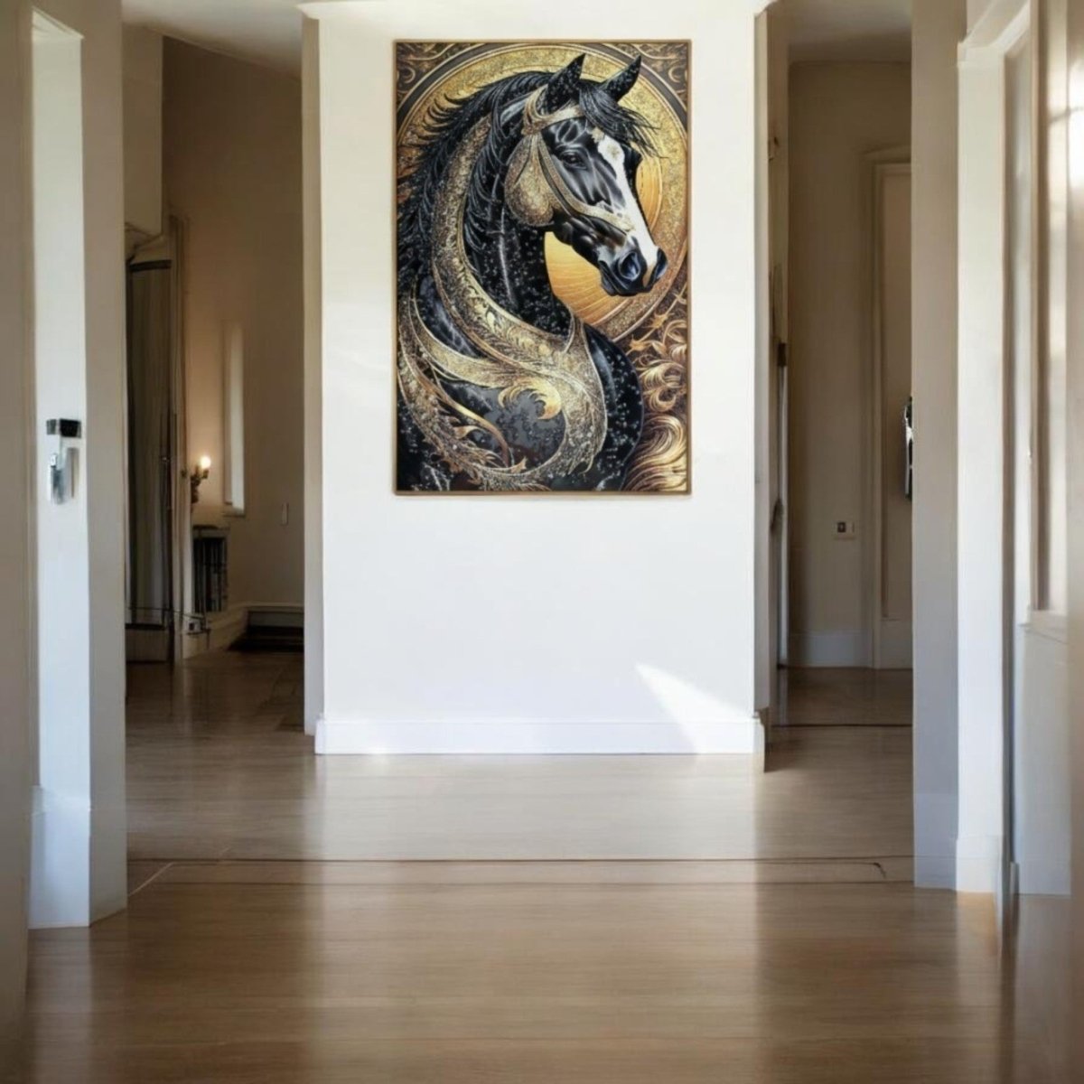 Royal Filigree Steed: Luxury Black & Gold Decor (24 x 36 Inches)