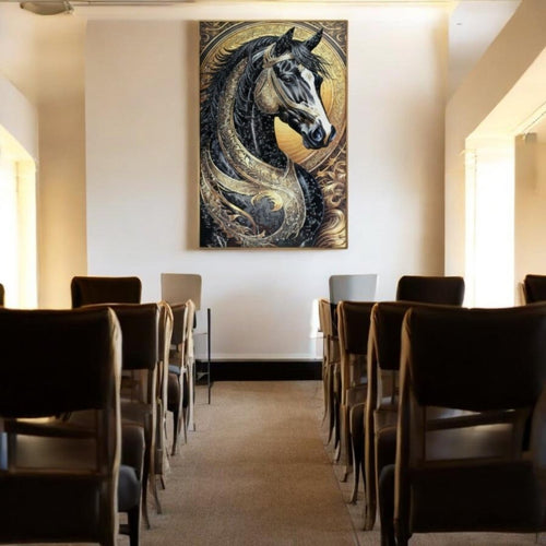 Royal Filigree Steed: Luxury Black & Gold Decor (24 x 36 Inches)
