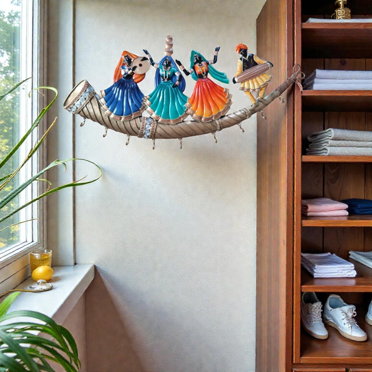 Royal Rangilo: Traditional Indian Musician Wall Hanger with Hooks (30 x 15 Inches)