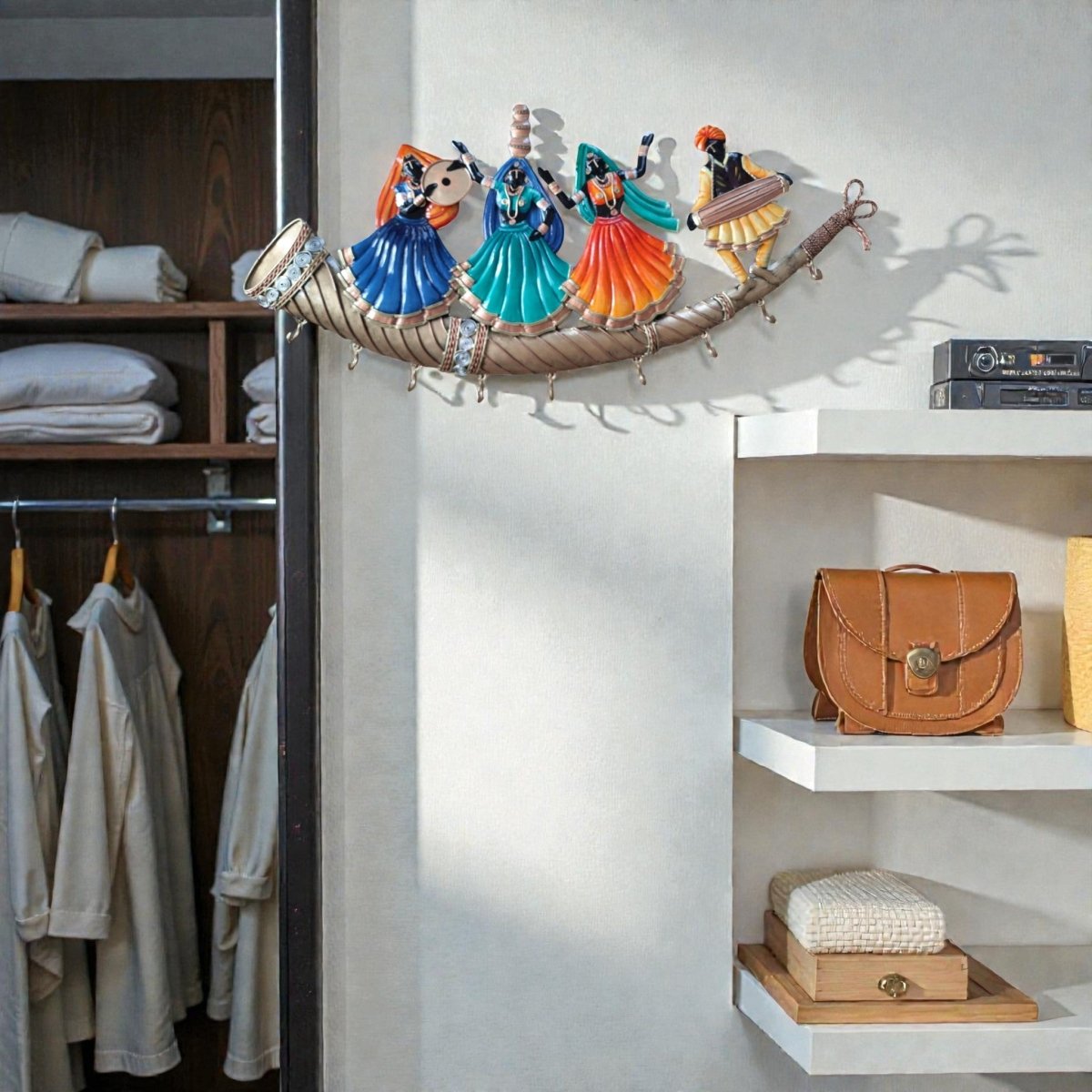 Royal Rangilo: Traditional Indian Musician Wall Hanger with Hooks (30 x 15 Inches)