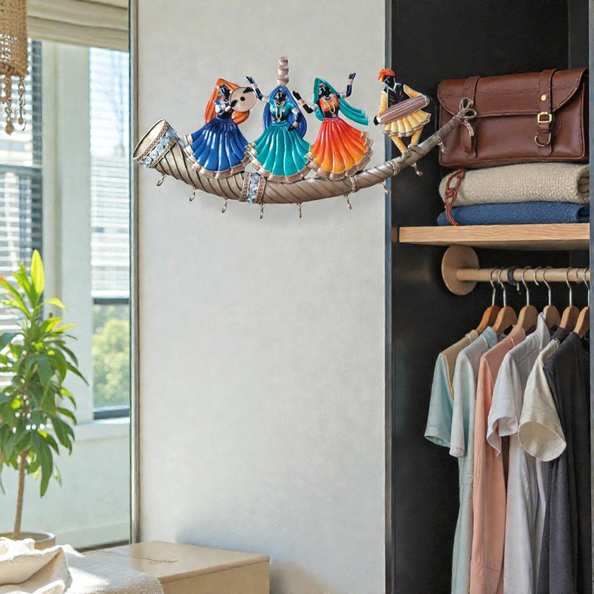 Royal Rangilo: Traditional Indian Musician Wall Hanger with Hooks (30 x 15 Inches)