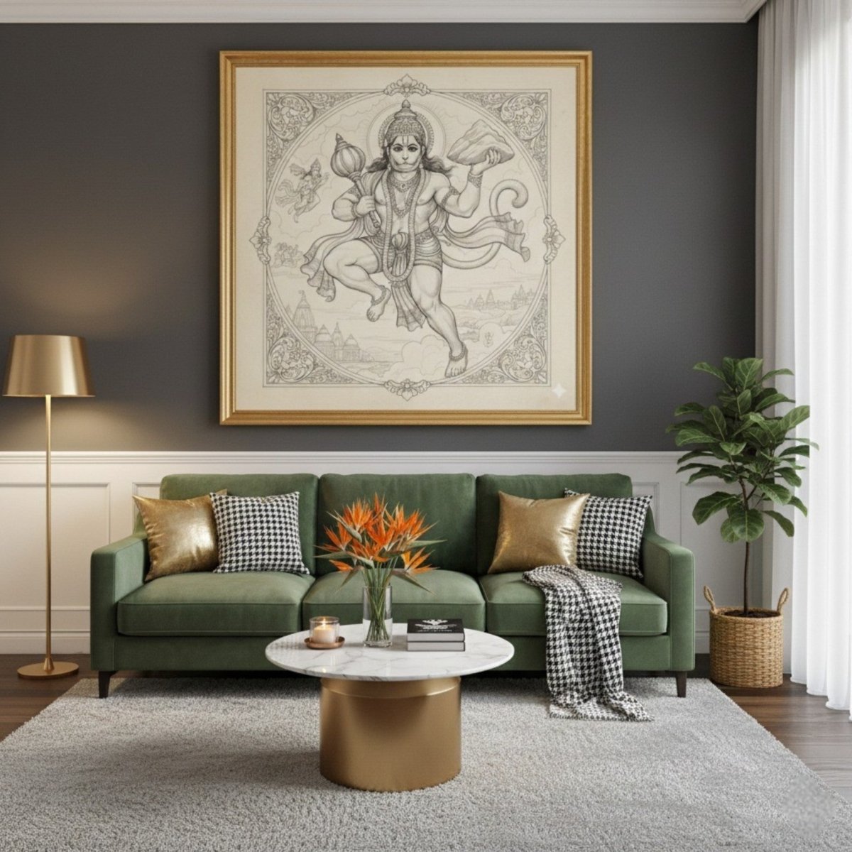 Sanjeevani Dhari Hanuman: Flying Mountain: The Timeless Fine - Line Heritage of Healing (36 x 36 Inches)