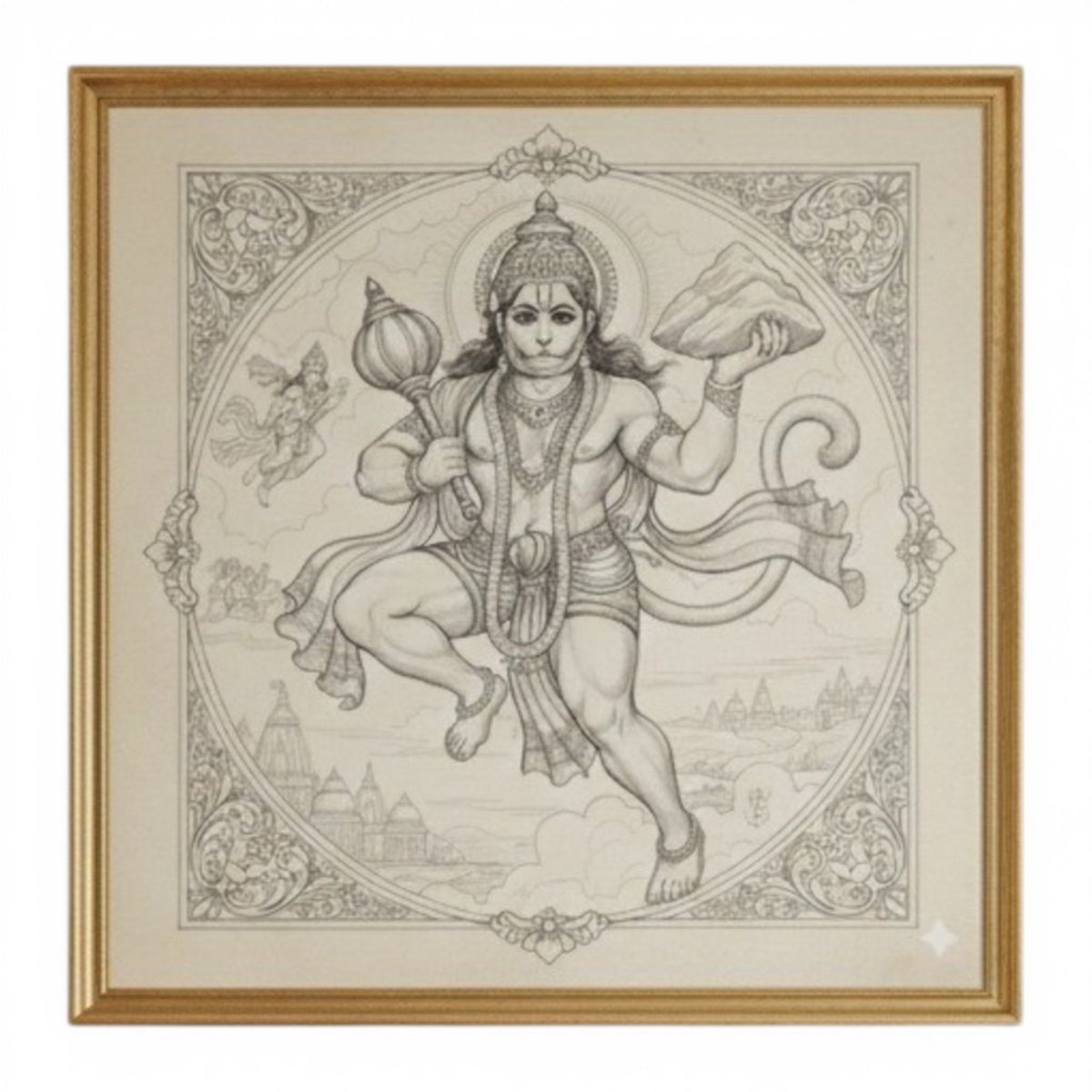 Sanjeevani Dhari Hanuman: Flying Mountain: The Timeless Fine - Line Heritage of Healing (36 x 36 Inches)