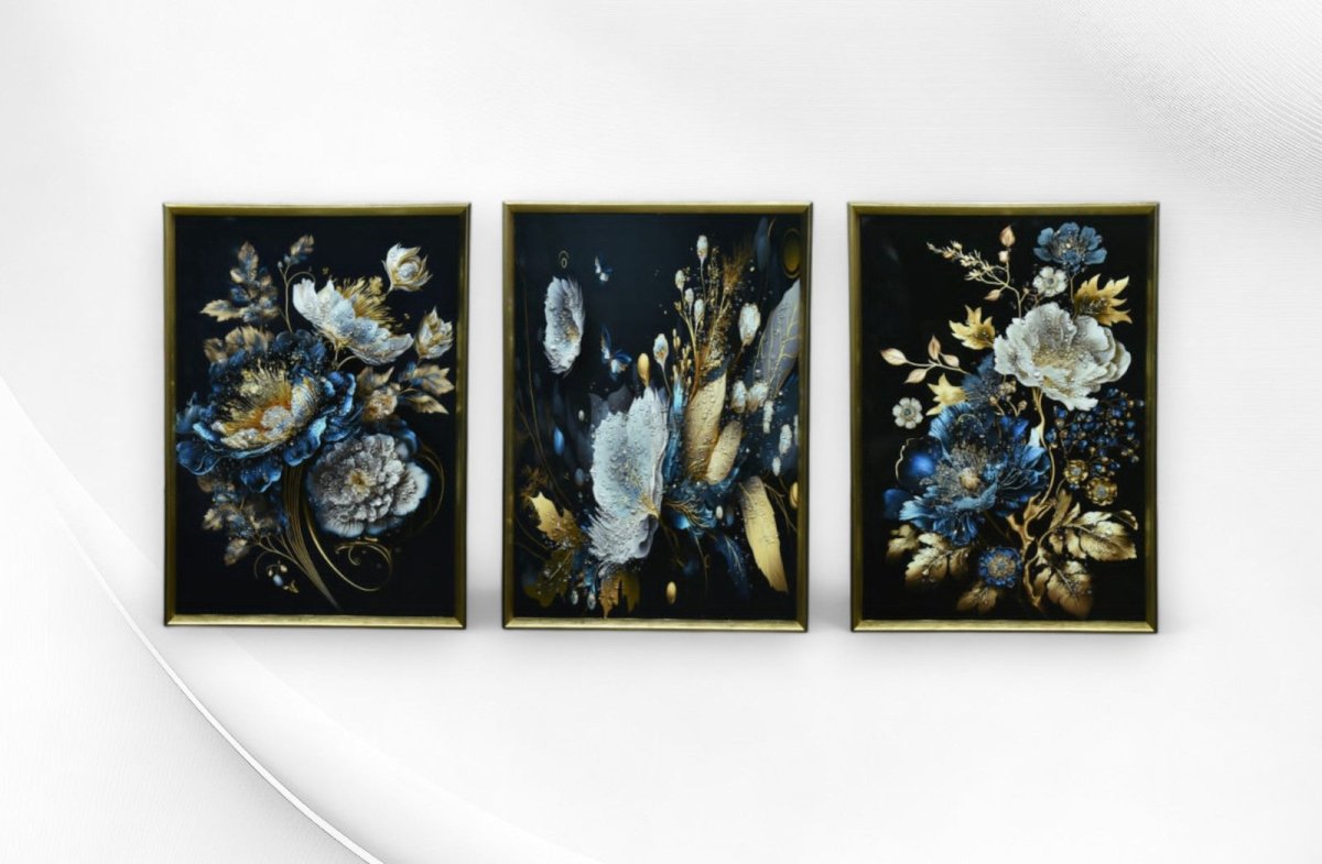 Sapphire & Gold Serenade Crystal Glass Painting Set of 3 (150 x 70 Cm)