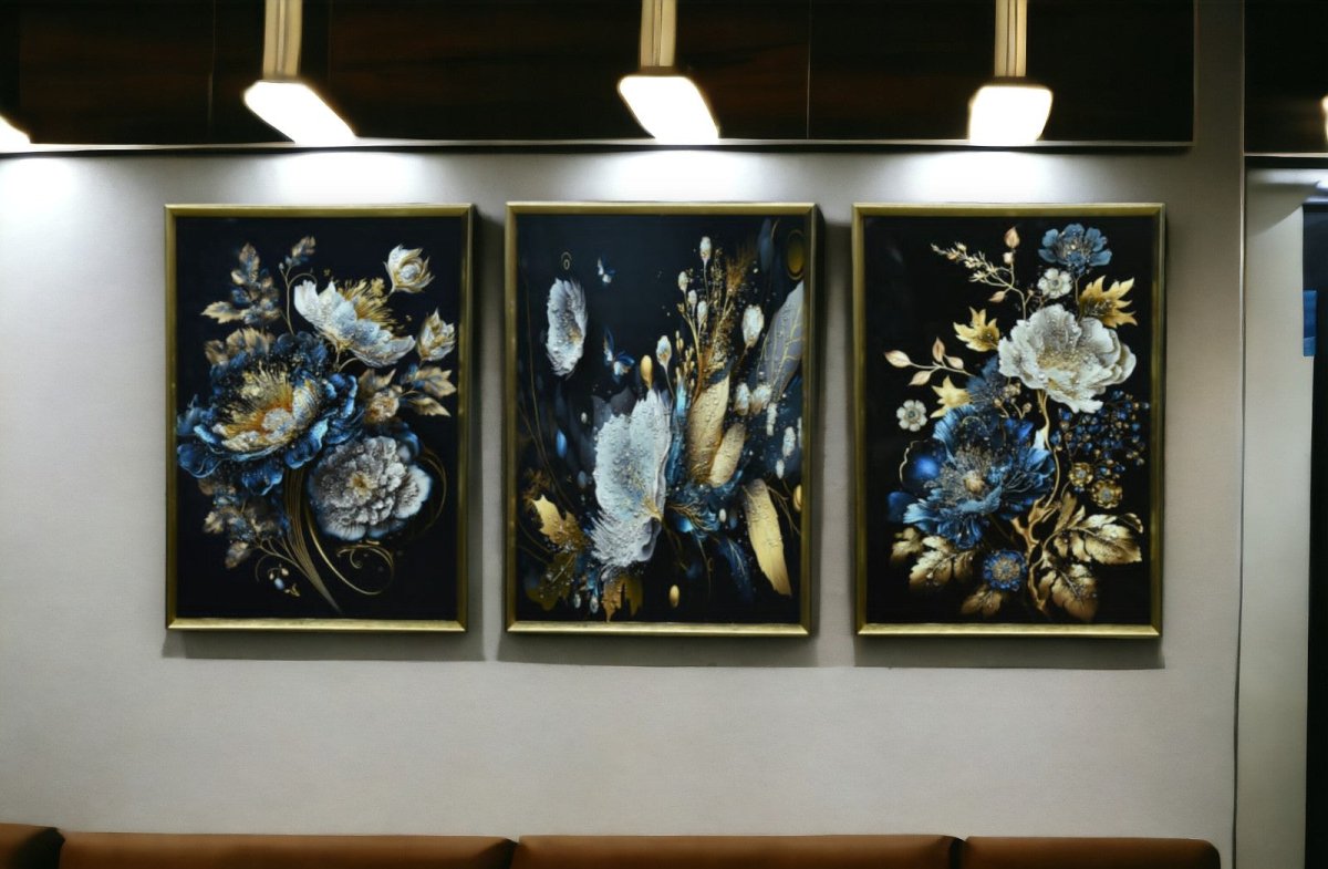 Sapphire & Gold Serenade Crystal Glass Painting Set of 3 (150 x 70 Cm)