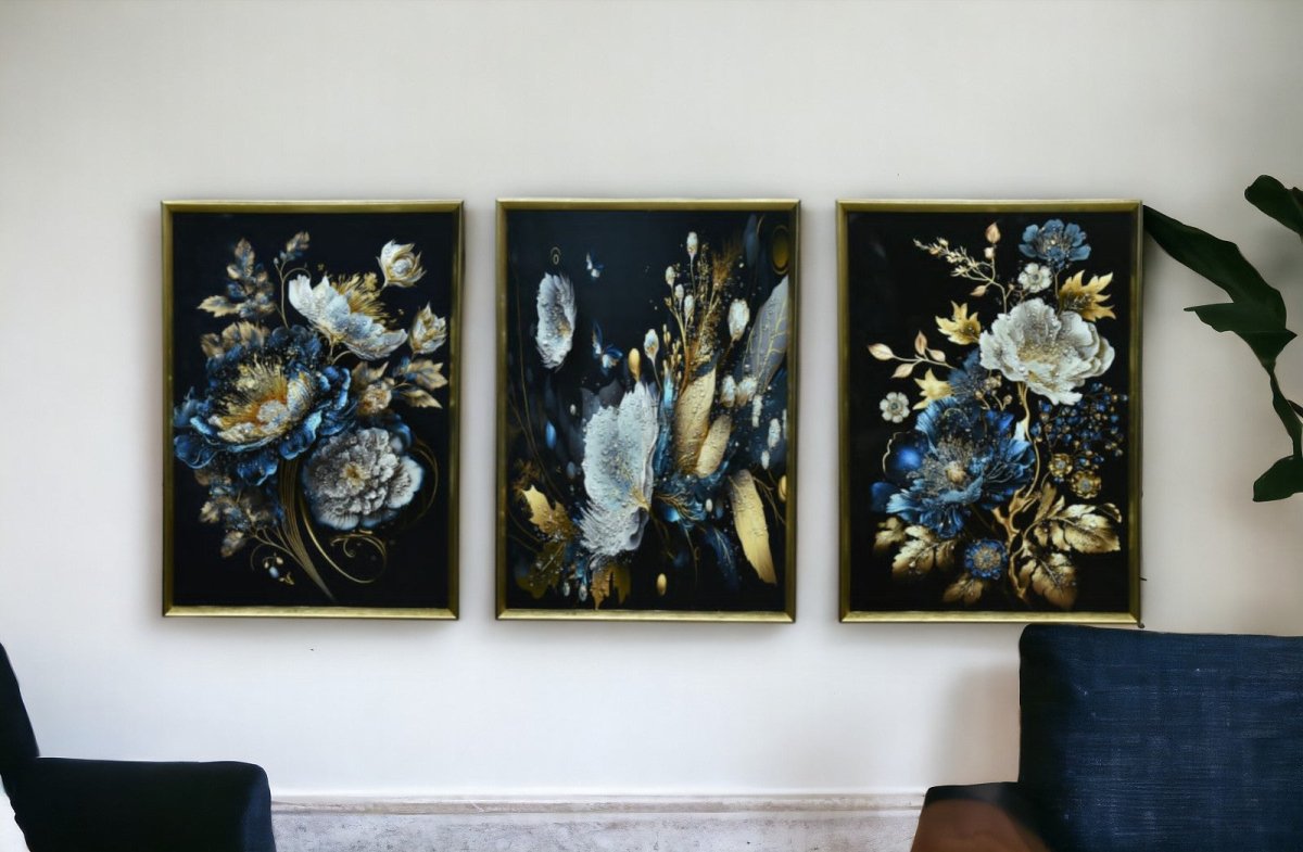 Sapphire & Gold Serenade Crystal Glass Painting Set of 3 (150 x 70 Cm)