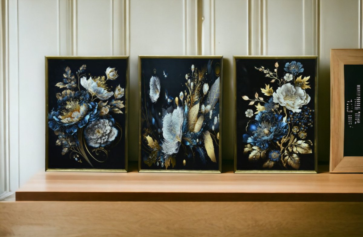 Sapphire & Gold Serenade Crystal Glass Painting Set of 3 (150 x 70 Cm)