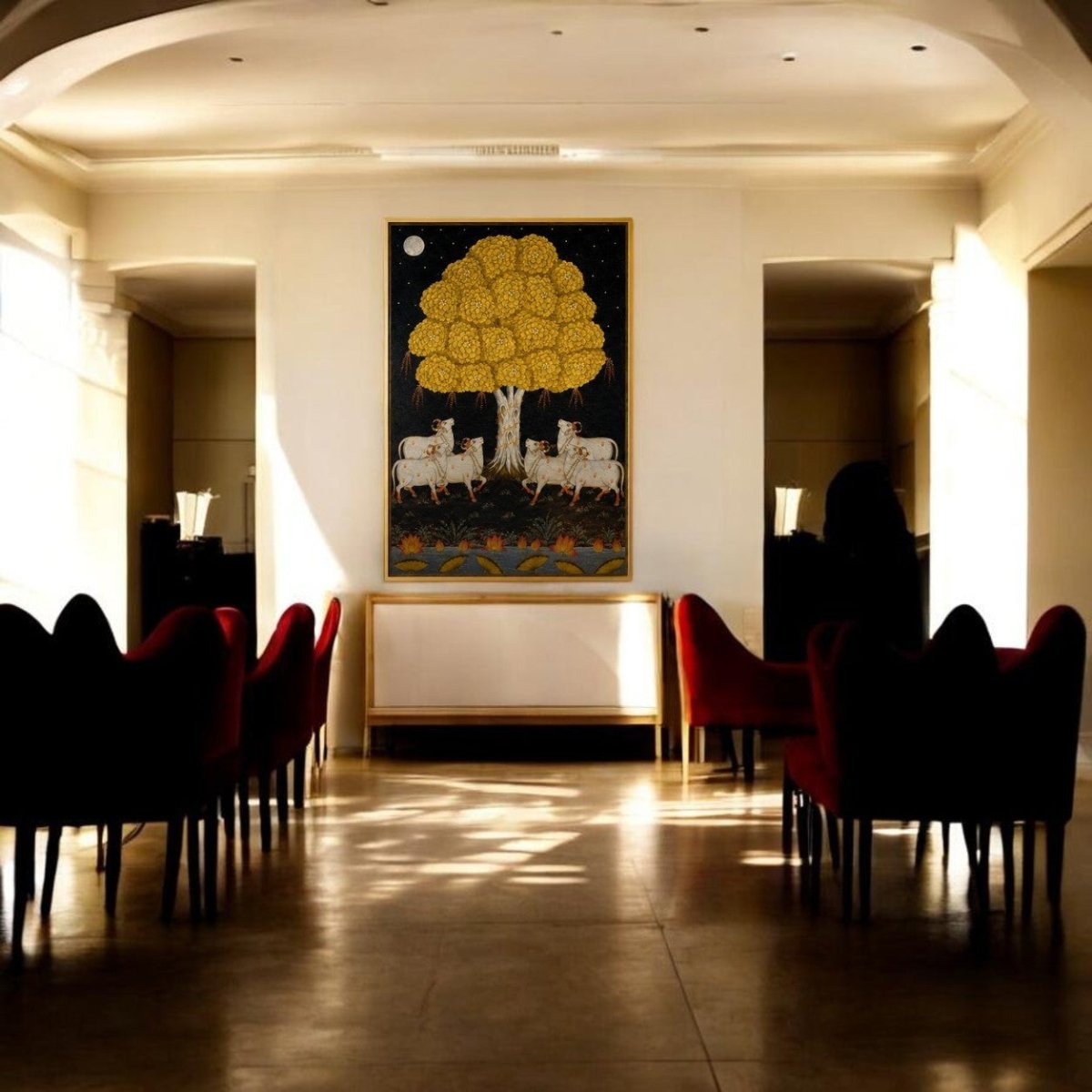 Sharad Purnima Moonlight: Traditional Golden Kadamba Tree Pichwai Art (24 x 36 Inches)